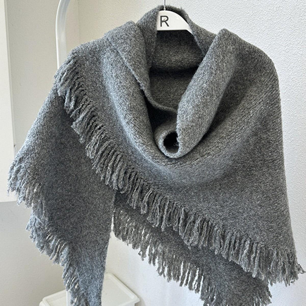 Acrylic Knit Triangle Shawl with Tassels – Wool-Look Scarf, 7 Colors