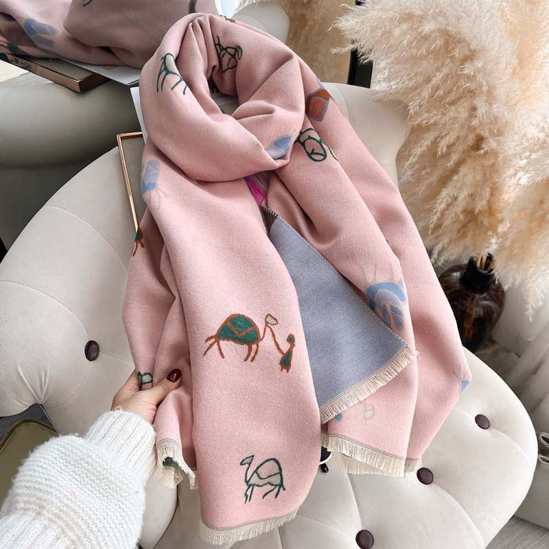 Camel Motif Jacquard Double-Sided Scarf – Shoulder Wrap