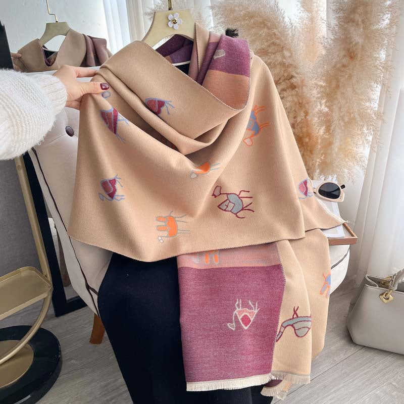 Camel Motif Jacquard Double-Sided Scarf – Shoulder Wrap