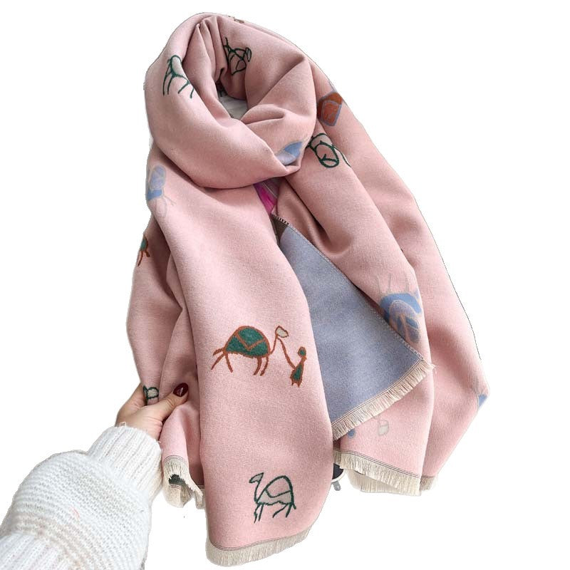 Camel Motif Jacquard Double-Sided Scarf – Shoulder Wrap