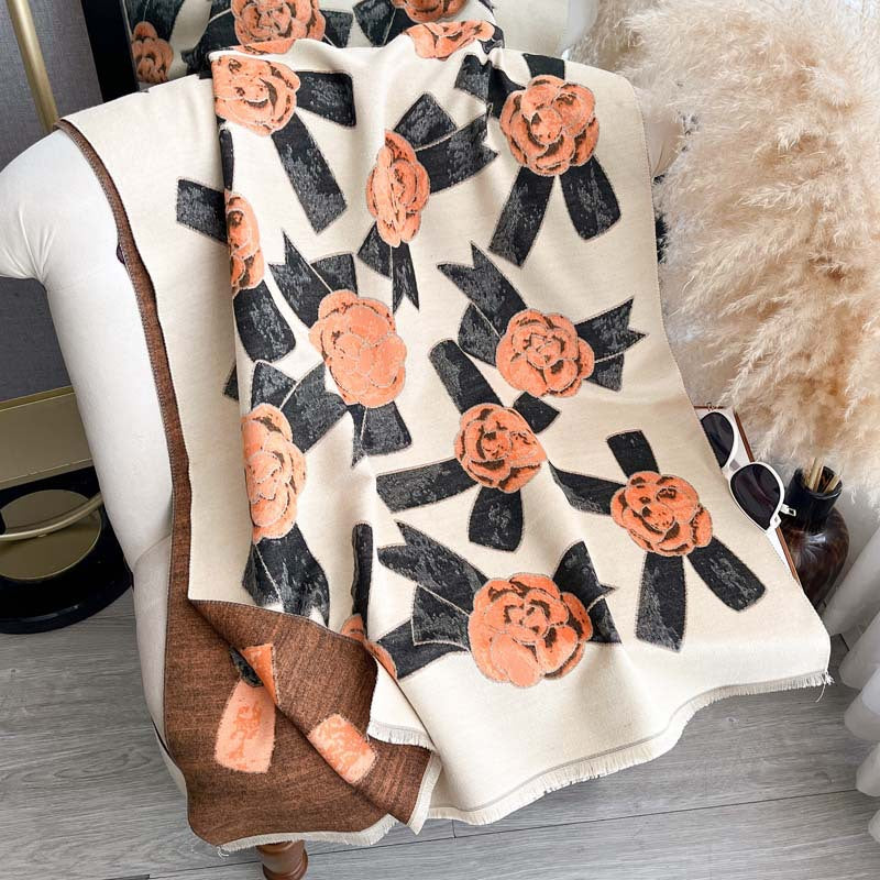 Camellia Jacquard Double-Sided Scarf – Winter Shawl, 185 × 65 cm