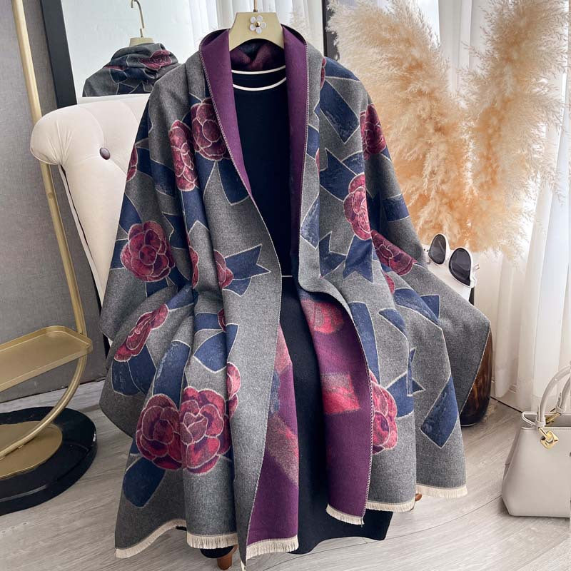 Camellia Jacquard Double-Sided Scarf – Winter Shawl, 185 × 65 cm