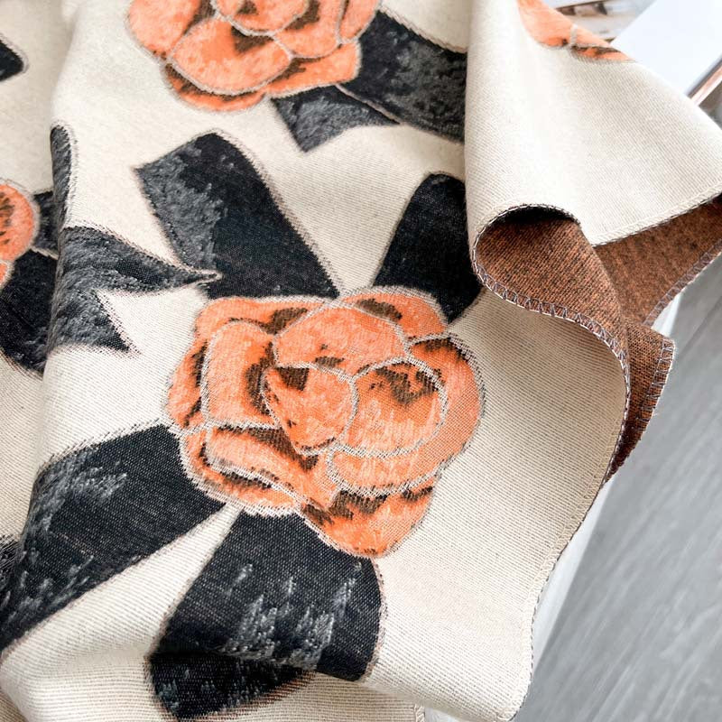 Camellia Jacquard Double-Sided Scarf – Winter Shawl, 185 × 65 cm