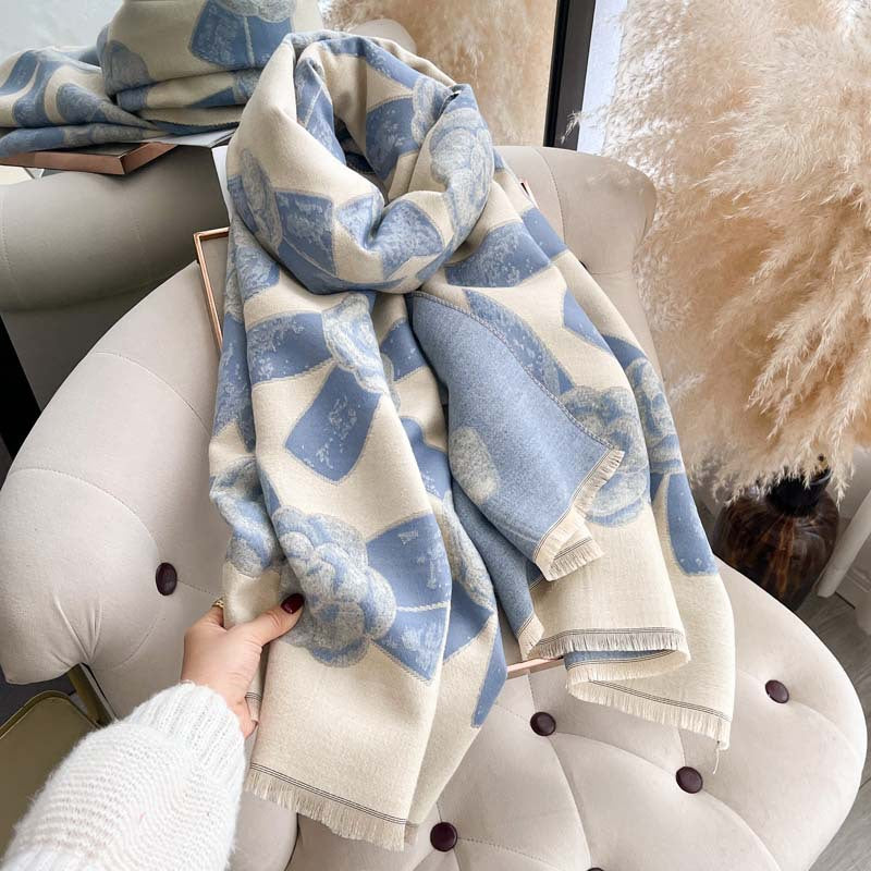 Camellia Jacquard Double-Sided Scarf – Winter Shawl, 185 × 65 cm