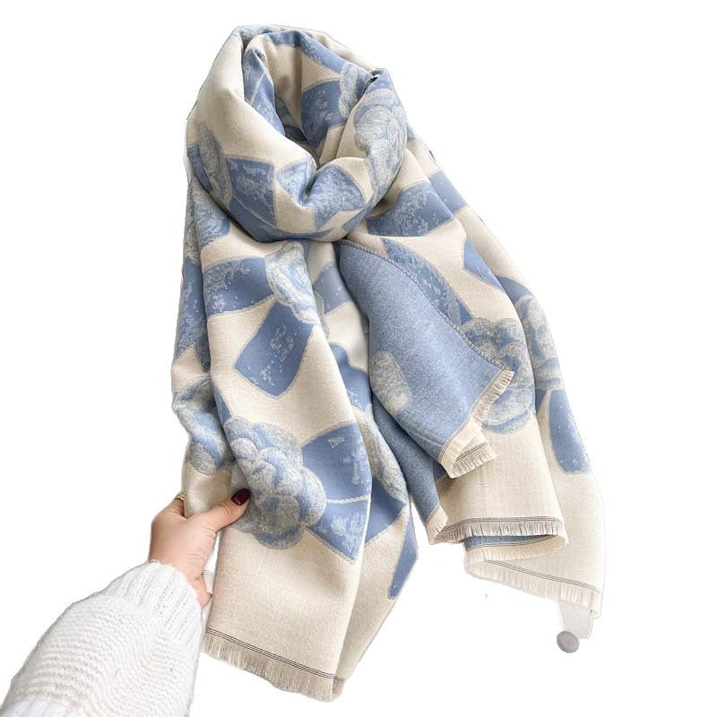 Camellia Jacquard Double-Sided Scarf – Winter Shawl, 185 × 65 cm