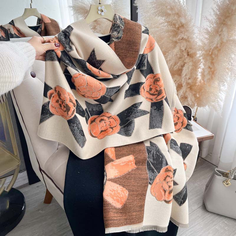 Camellia Jacquard Double-Sided Scarf – Winter Shawl, 185 × 65 cm