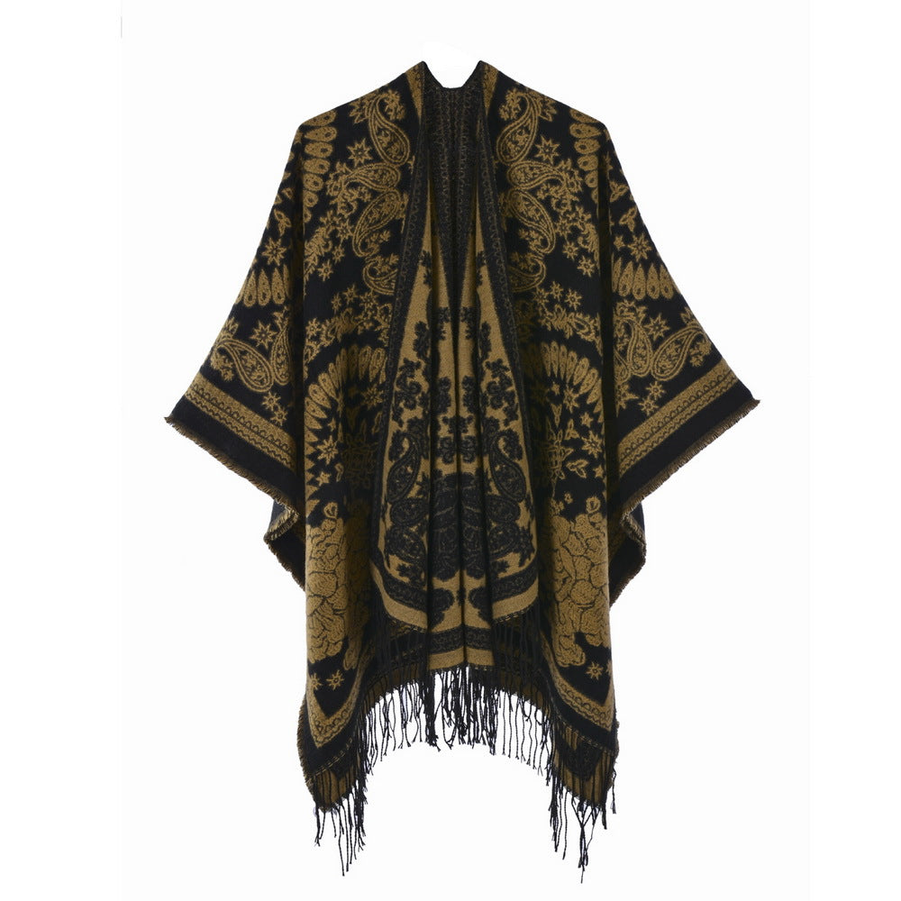 Ethnic Totem Jacquard Shawl with Tassels – Faux Cashmere, 130 × 150 cm