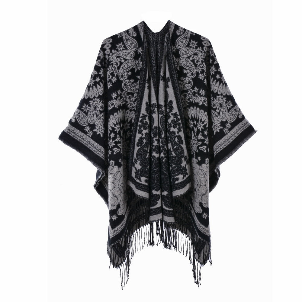 Ethnic Totem Jacquard Shawl with Tassels – Faux Cashmere, 130 × 150 cm