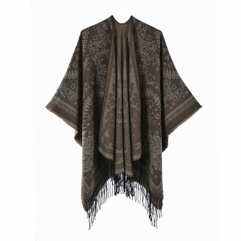 Ethnic Totem Jacquard Shawl with Tassels – Faux Cashmere, 130 × 150 cm