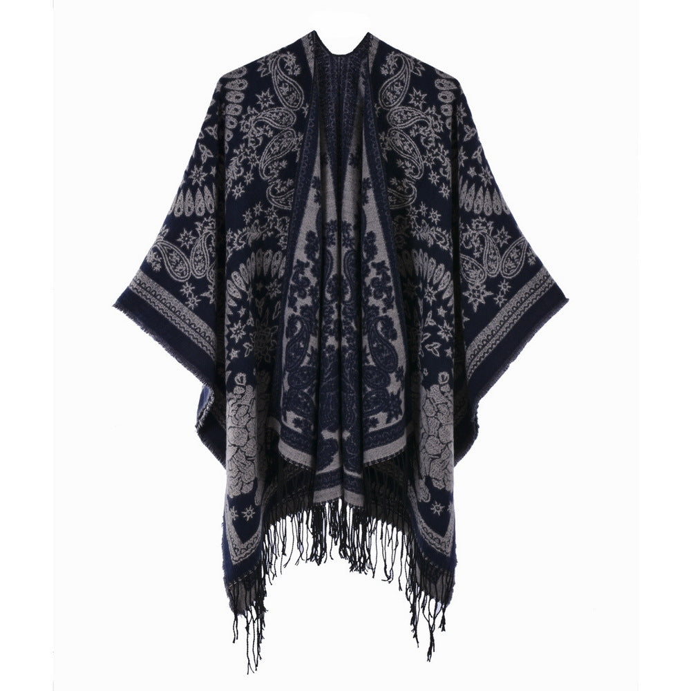 Ethnic Totem Jacquard Shawl with Tassels – Faux Cashmere, 130 × 150 cm