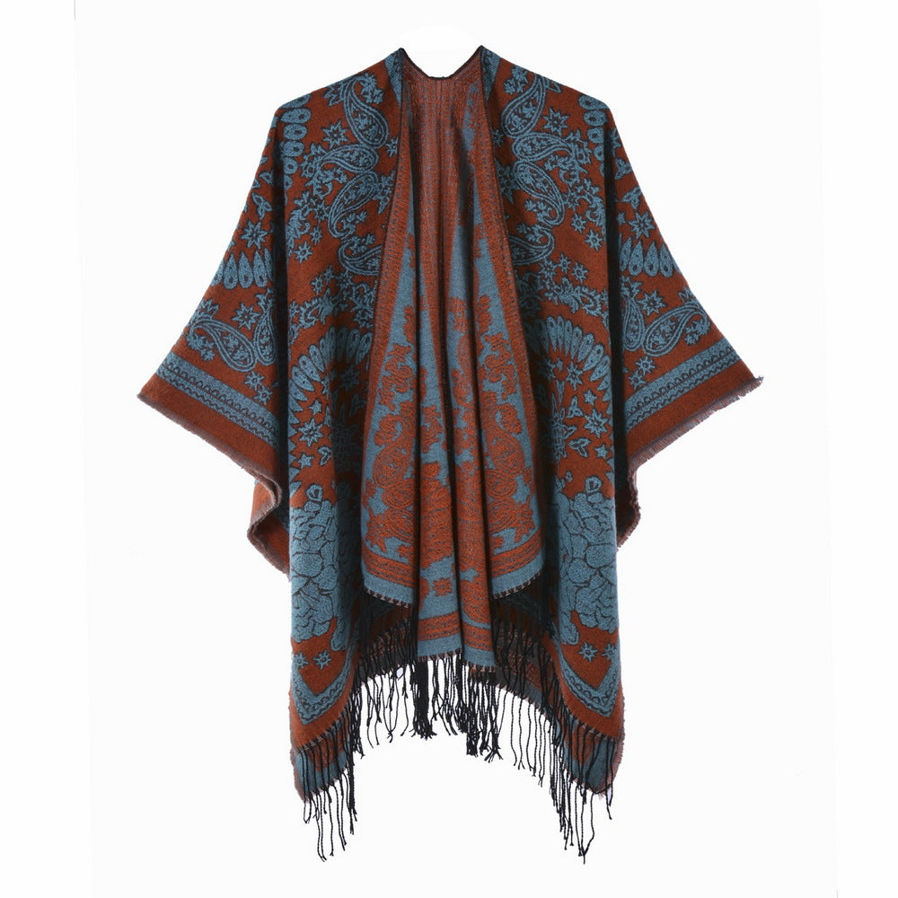 Ethnic Totem Jacquard Shawl with Tassels – Faux Cashmere, 130 × 150 cm