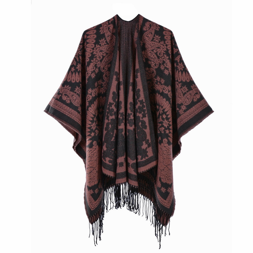 Ethnic Totem Jacquard Shawl with Tassels – Faux Cashmere, 130 × 150 cm