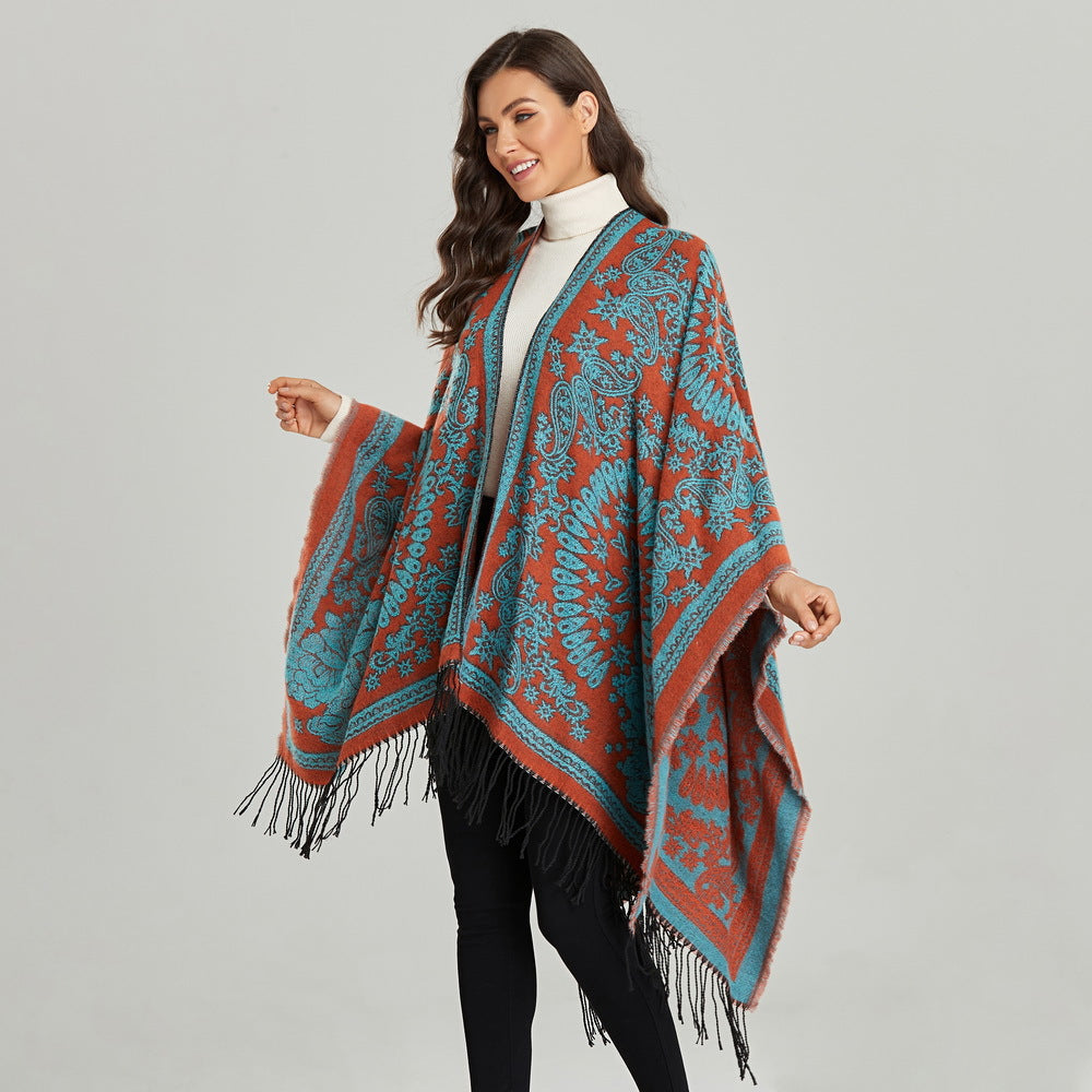 Ethnic Totem Jacquard Shawl with Tassels – Faux Cashmere, 130 × 150 cm