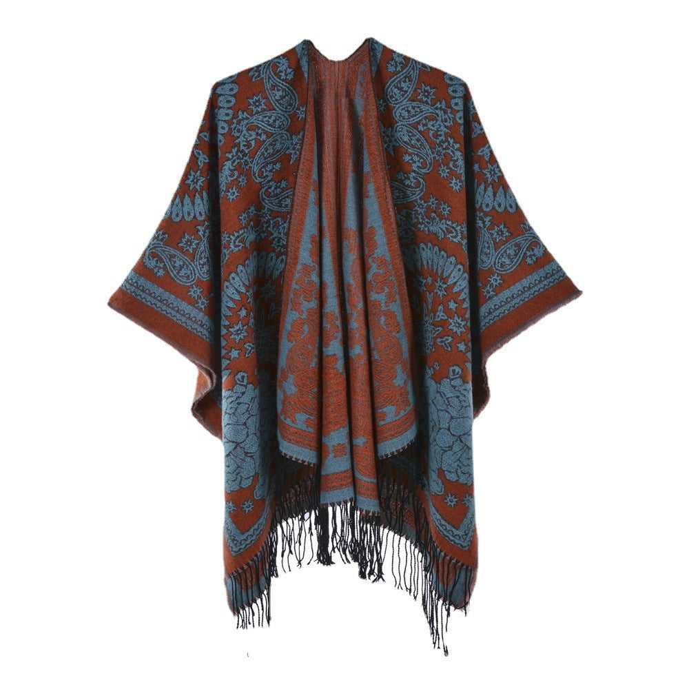 Ethnic Totem Jacquard Shawl with Tassels – Faux Cashmere, 130 × 150 cm