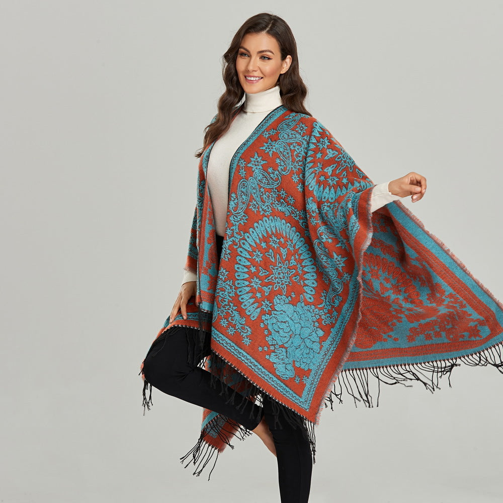 Ethnic Totem Jacquard Shawl with Tassels – Faux Cashmere, 130 × 150 cm