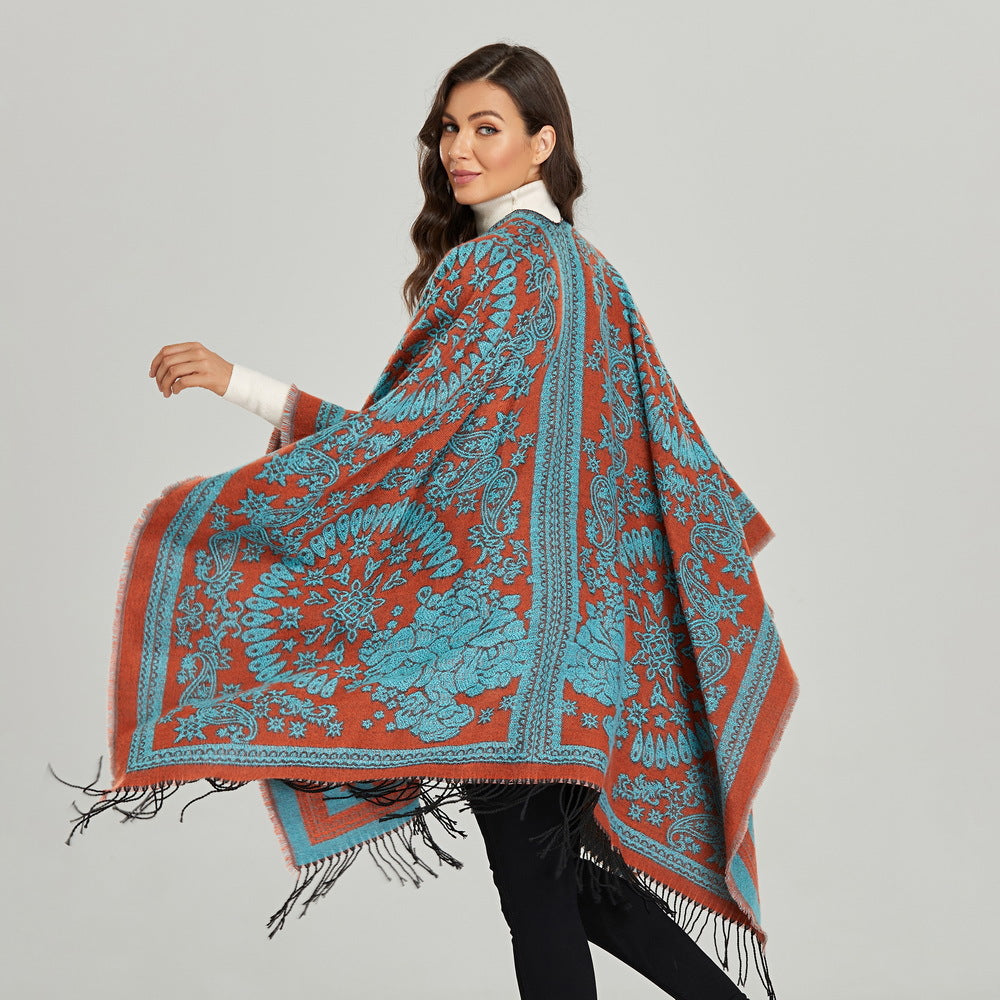 Ethnic Totem Jacquard Shawl with Tassels – Faux Cashmere, 130 × 150 cm