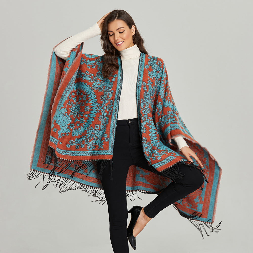 Ethnic Totem Jacquard Shawl with Tassels – Faux Cashmere, 130 × 150 cm