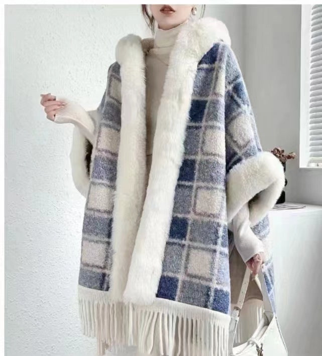 Hooded Cloak Shawl, Fleece-Lined – Acrylic Plaid & Striped Winter Cape