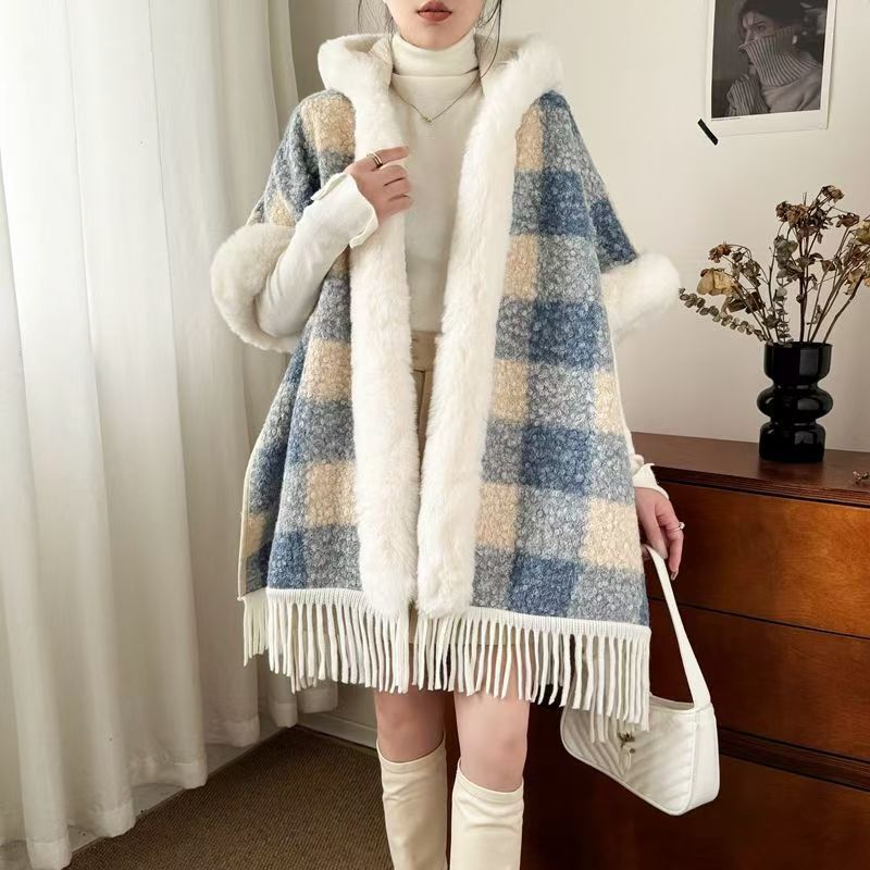 Hooded Cloak Shawl, Fleece-Lined – Acrylic Plaid & Striped Winter Cape