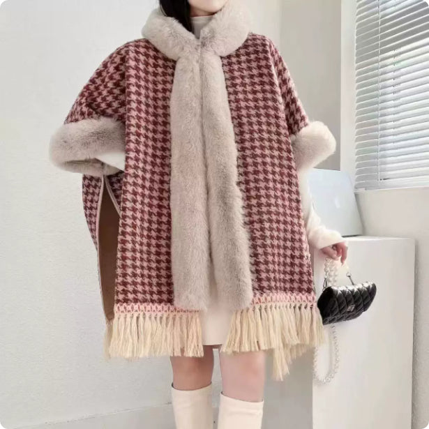 Hooded Cloak Shawl, Fleece-Lined – Acrylic Plaid & Striped Winter Cape