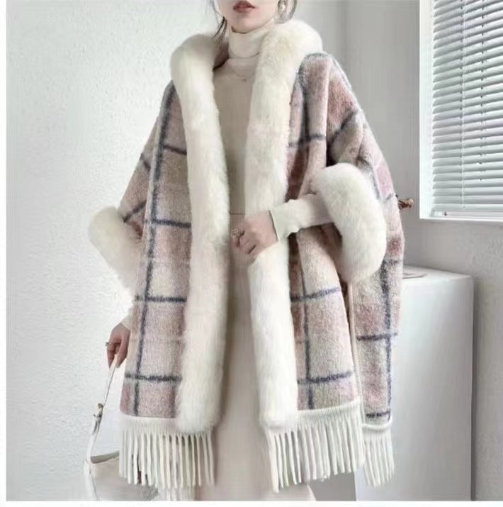 Hooded Cloak Shawl, Fleece-Lined – Acrylic Plaid & Striped Winter Cape