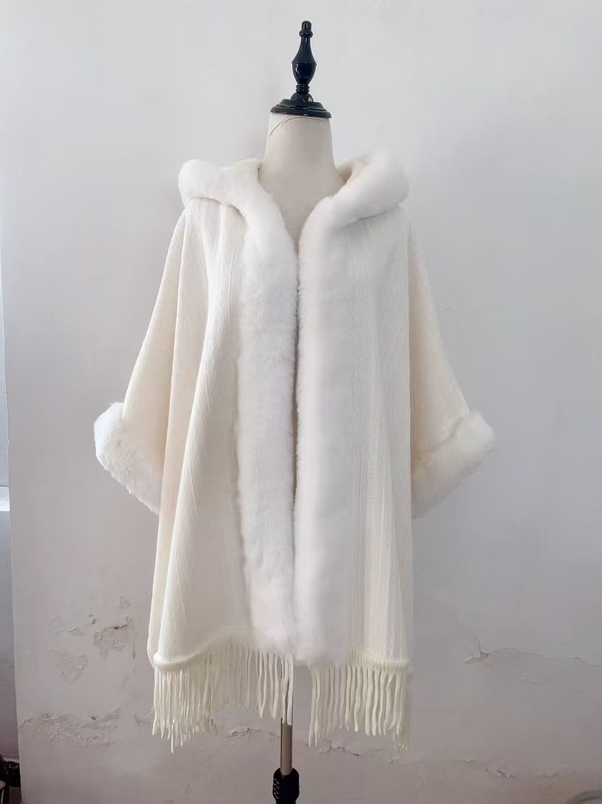 Hooded Cloak Shawl, Fleece-Lined – Acrylic Plaid & Striped Winter Cape