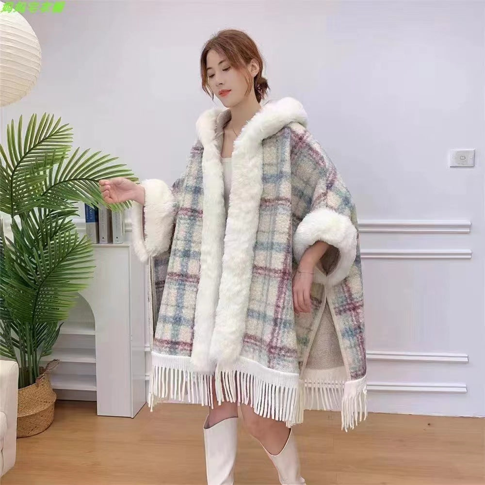 Hooded Cloak Shawl, Fleece-Lined – Acrylic Plaid & Striped Winter Cape