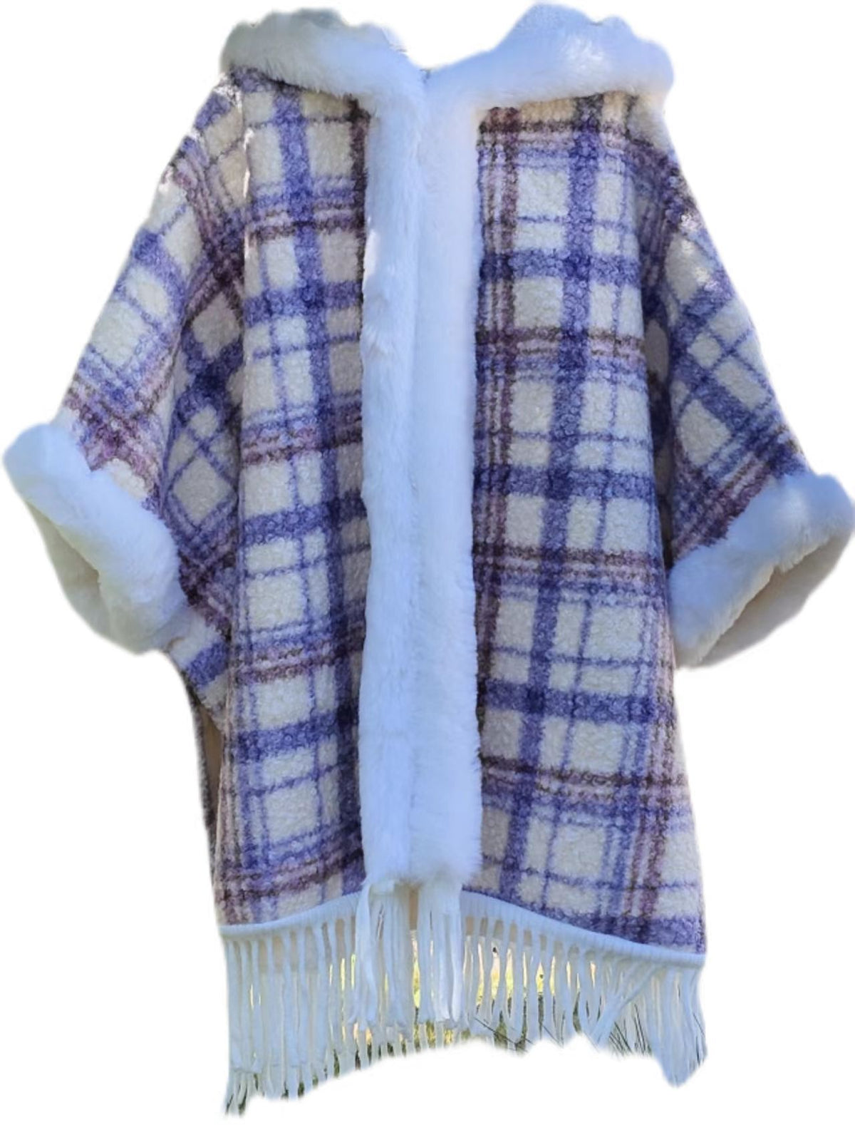 Hooded Cloak Shawl, Fleece-Lined – Acrylic Plaid & Striped Winter Cape