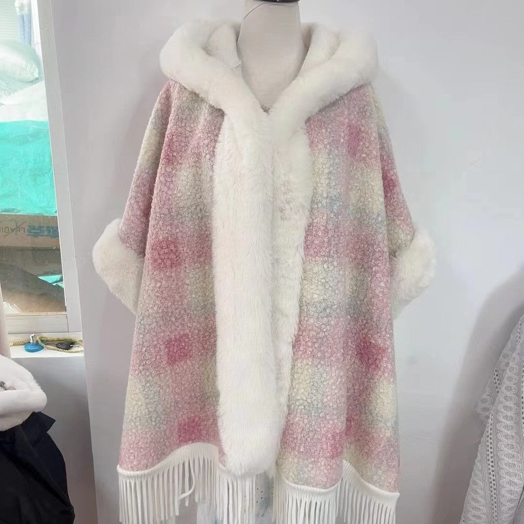Hooded Cloak Shawl, Fleece-Lined – Acrylic Plaid & Striped Winter Cape