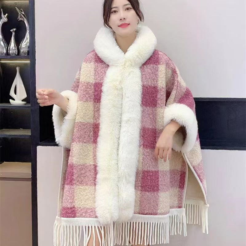 Hooded Cloak Shawl, Fleece-Lined – Acrylic Plaid & Striped Winter Cape