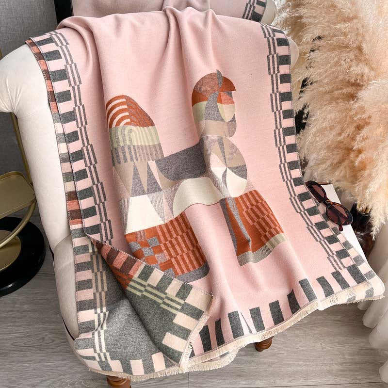 Horse Pattern Jacquard Double-Sided Scarf – Winter Shawl, 185 × 65 cm