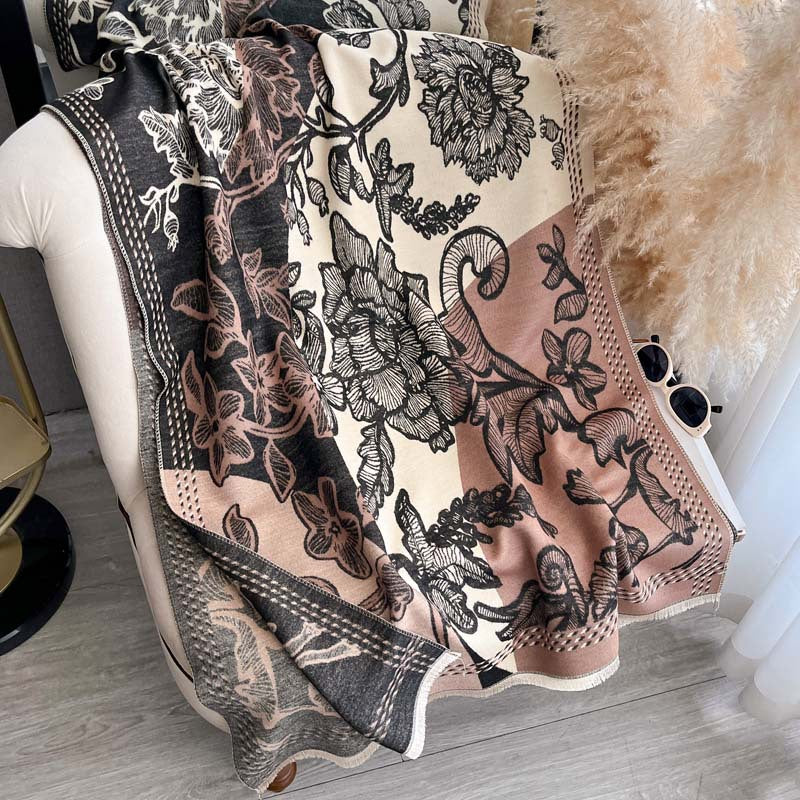 Retro Floral Jacquard Double-Sided Scarf – Winter Wrap, 185 × 65 cm