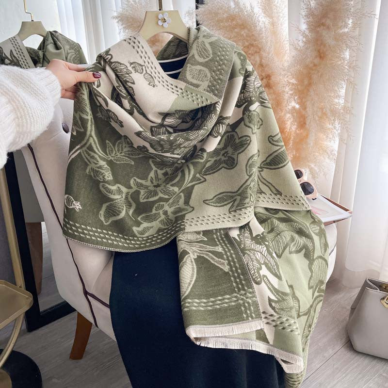 Retro Floral Jacquard Double-Sided Scarf – Winter Wrap, 185 × 65 cm