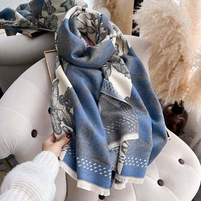 Retro Floral Jacquard Double-Sided Scarf – Winter Wrap, 185 × 65 cm