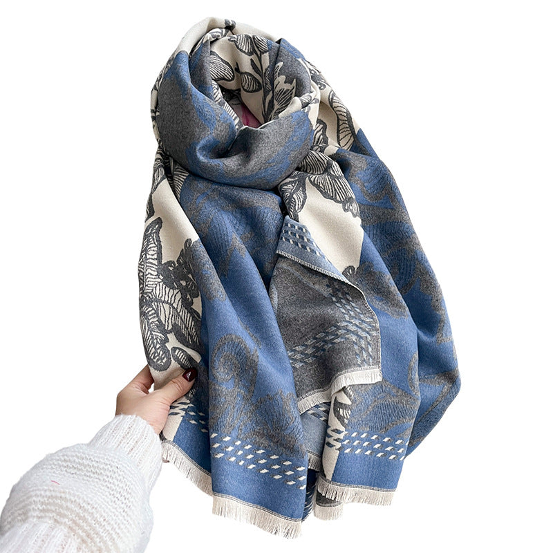 Retro Floral Jacquard Double-Sided Scarf – Winter Wrap, 185 × 65 cm