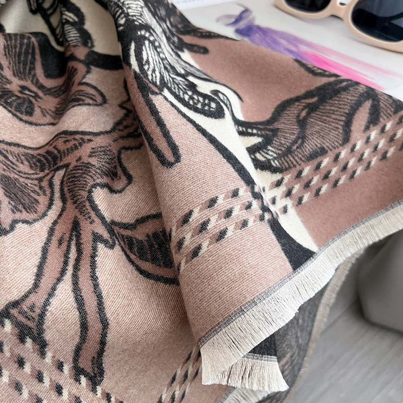 Retro Floral Jacquard Double-Sided Scarf – Winter Wrap, 185 × 65 cm
