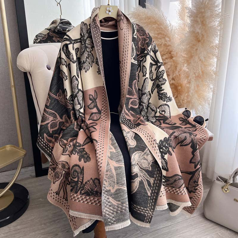 Retro Floral Jacquard Double-Sided Scarf – Winter Wrap, 185 × 65 cm