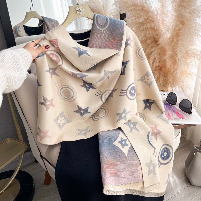 Star Pattern Jacquard Double-Sided Scarf – Women's Winter Shawl