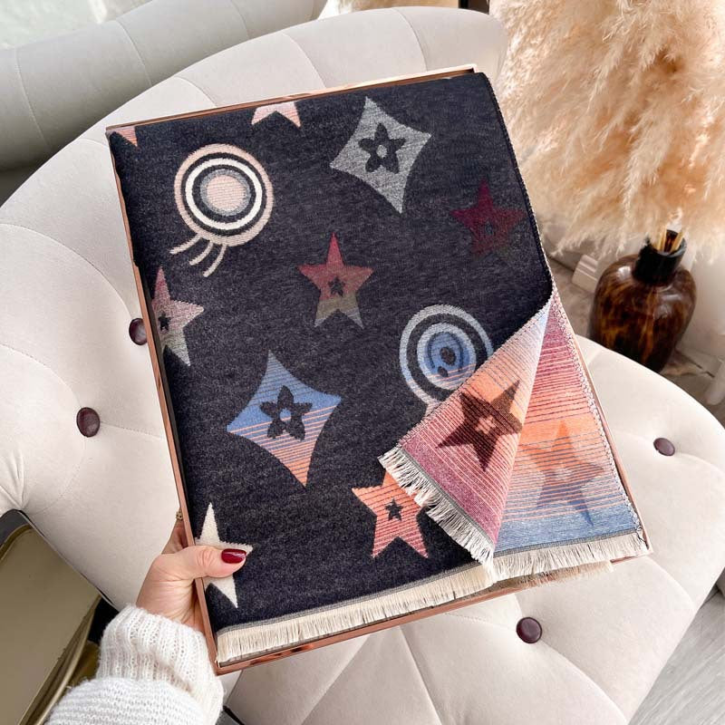 Star Pattern Jacquard Double-Sided Scarf – Women's Winter Shawl