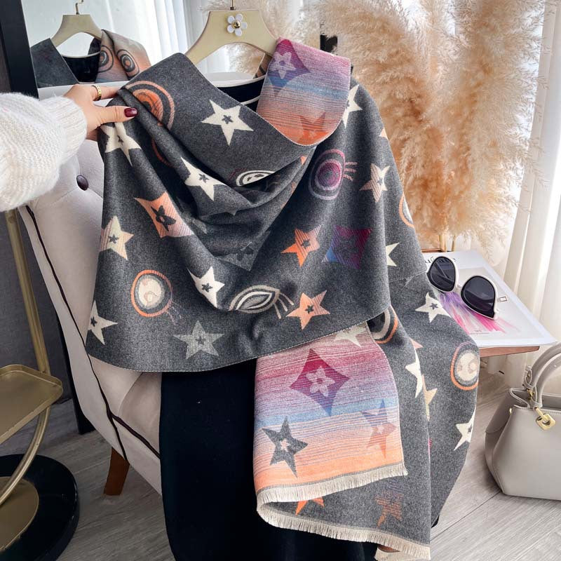 Star Pattern Jacquard Double-Sided Scarf – Women's Winter Shawl