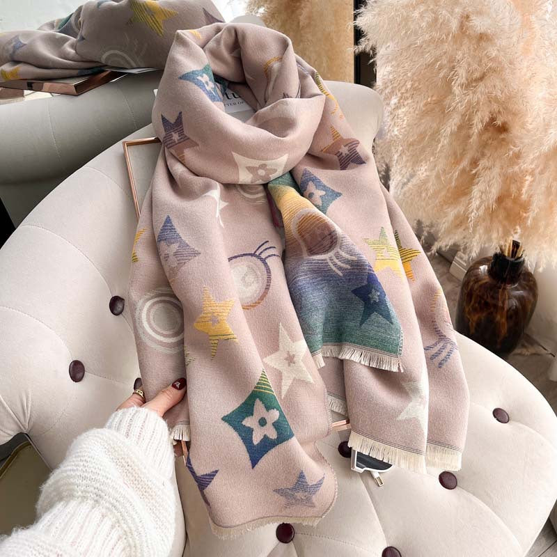 Star Pattern Jacquard Double-Sided Scarf – Women's Winter Shawl