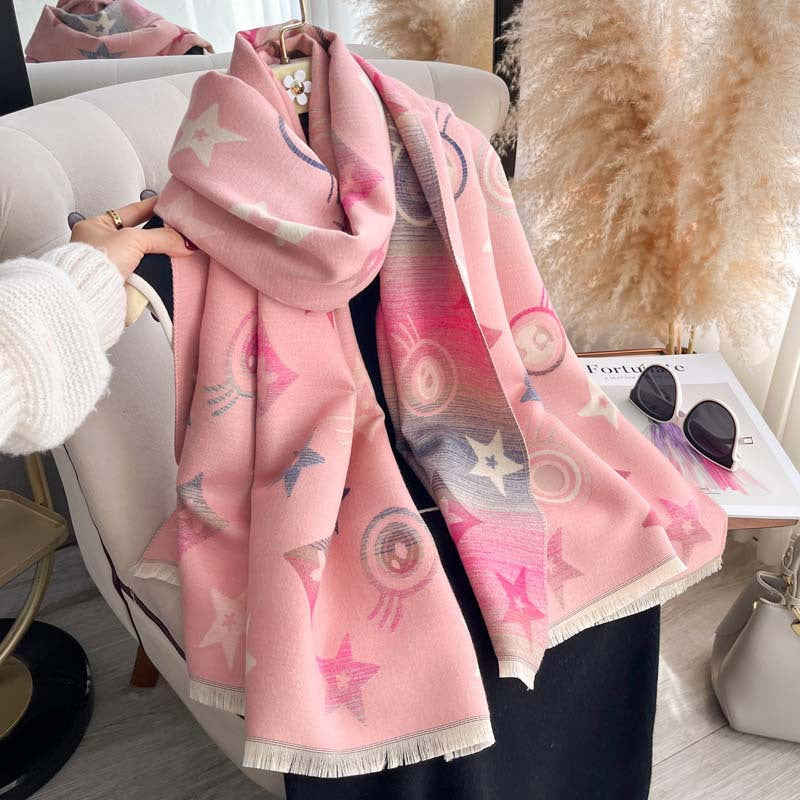 Star Pattern Jacquard Double-Sided Scarf – Women's Winter Shawl