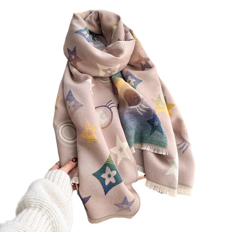 Star Pattern Jacquard Double-Sided Scarf – Women's Winter Shawl
