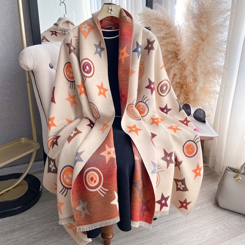 Star Pattern Jacquard Double-Sided Scarf – Women's Winter Shawl