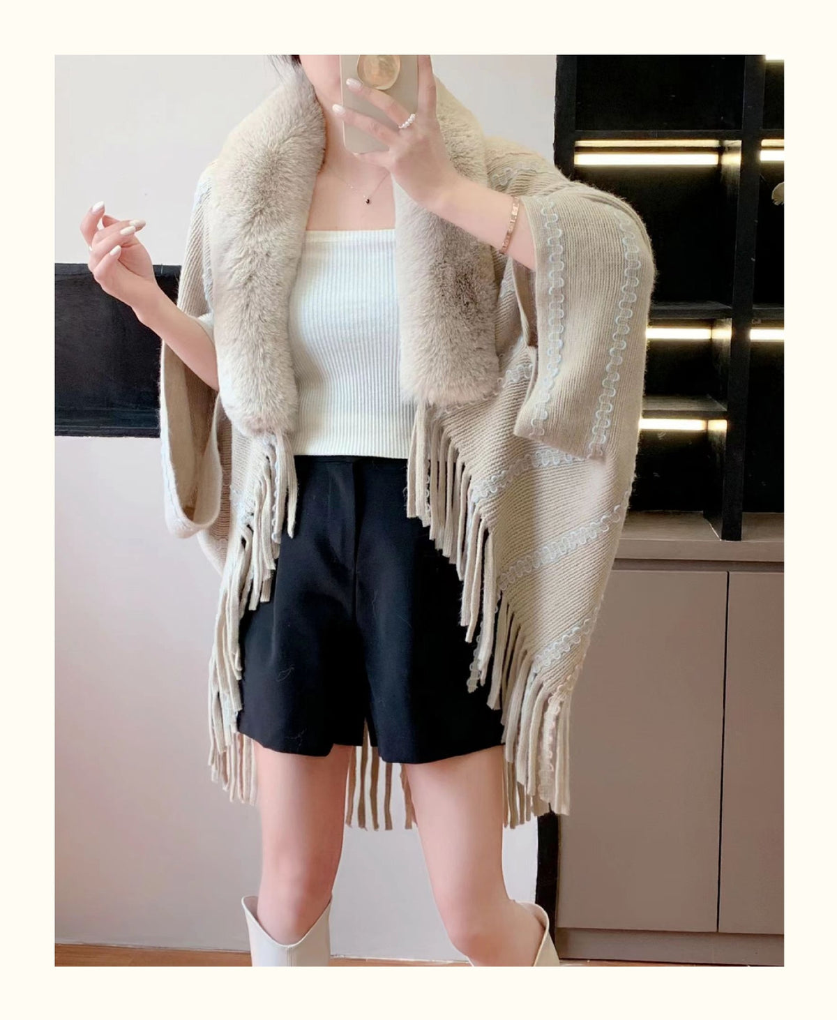Striped Knit Pullover Cape with Fluffy Collar and Tassels
