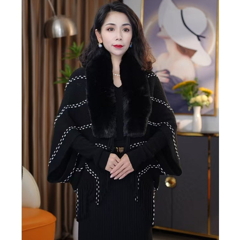 Striped Knit Pullover Cape with Fluffy Collar and Tassels
