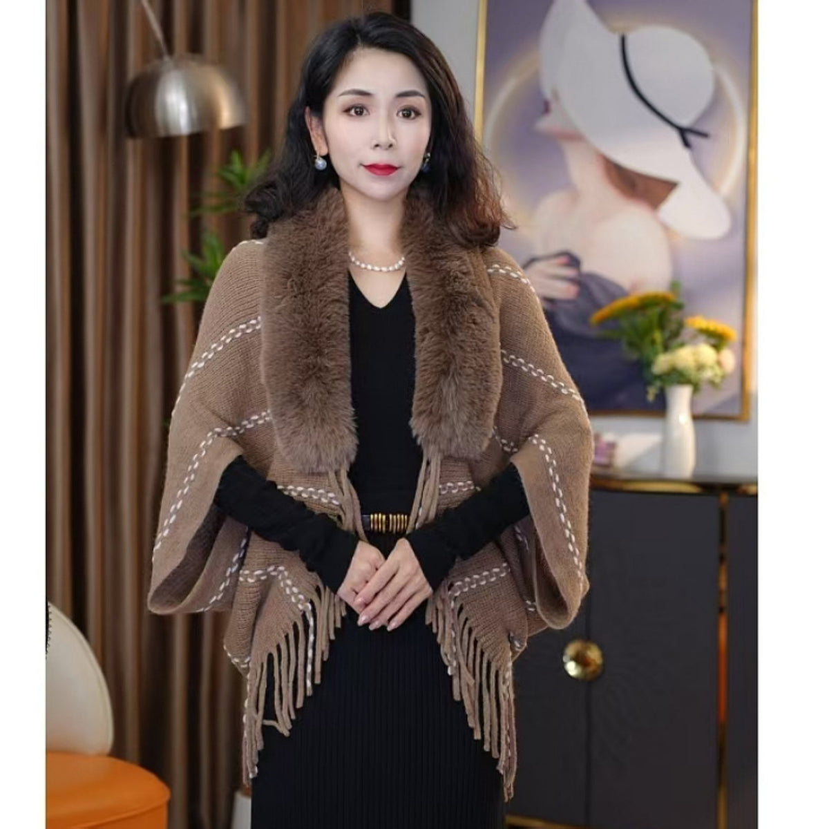 Striped Knit Pullover Cape with Fluffy Collar and Tassels