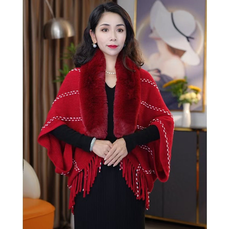 Striped Knit Pullover Cape with Fluffy Collar and Tassels