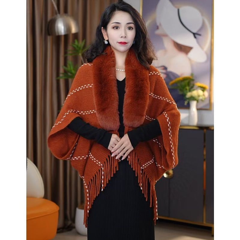 Striped Knit Pullover Cape with Fluffy Collar and Tassels