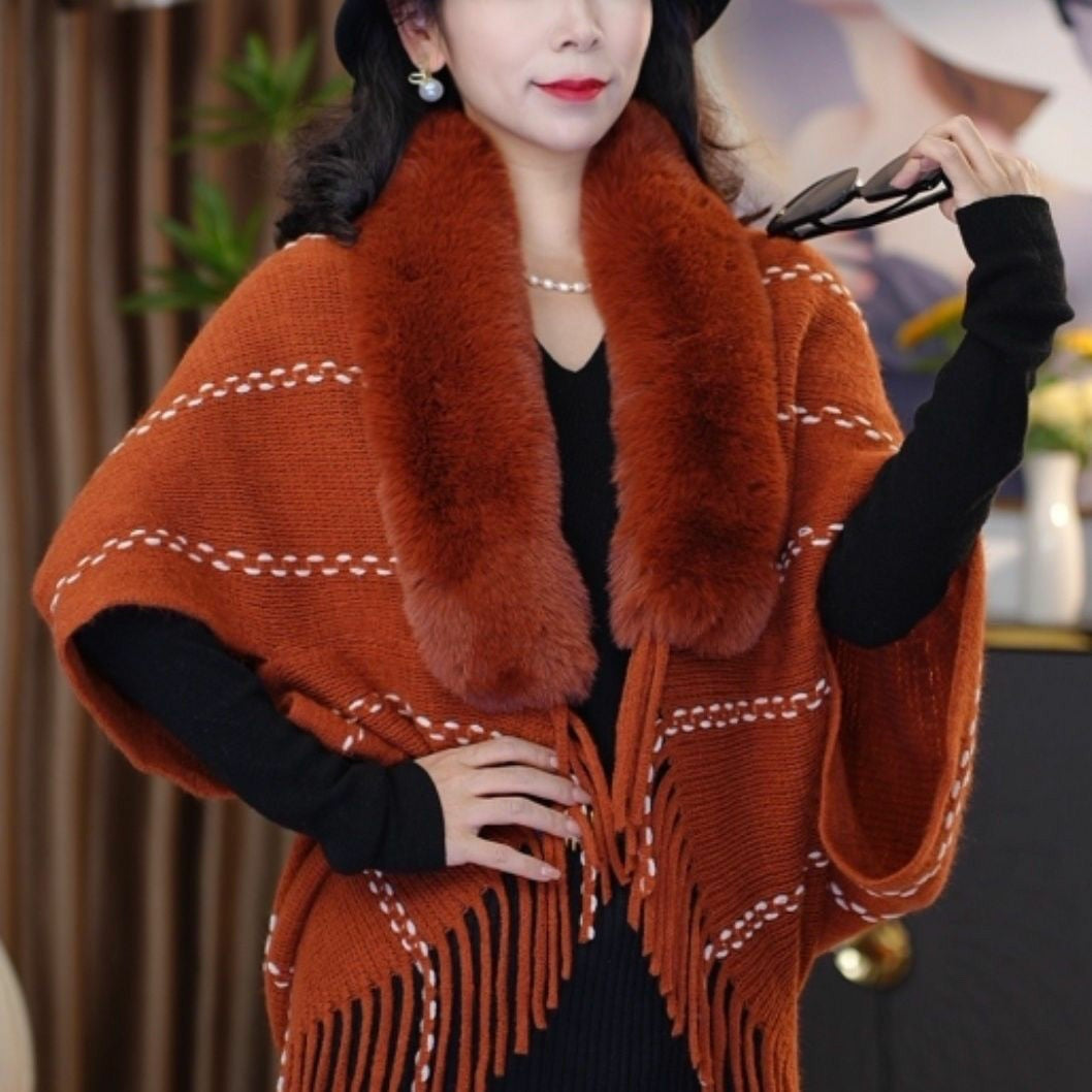 Striped Knit Pullover Cape with Fluffy Collar and Tassels